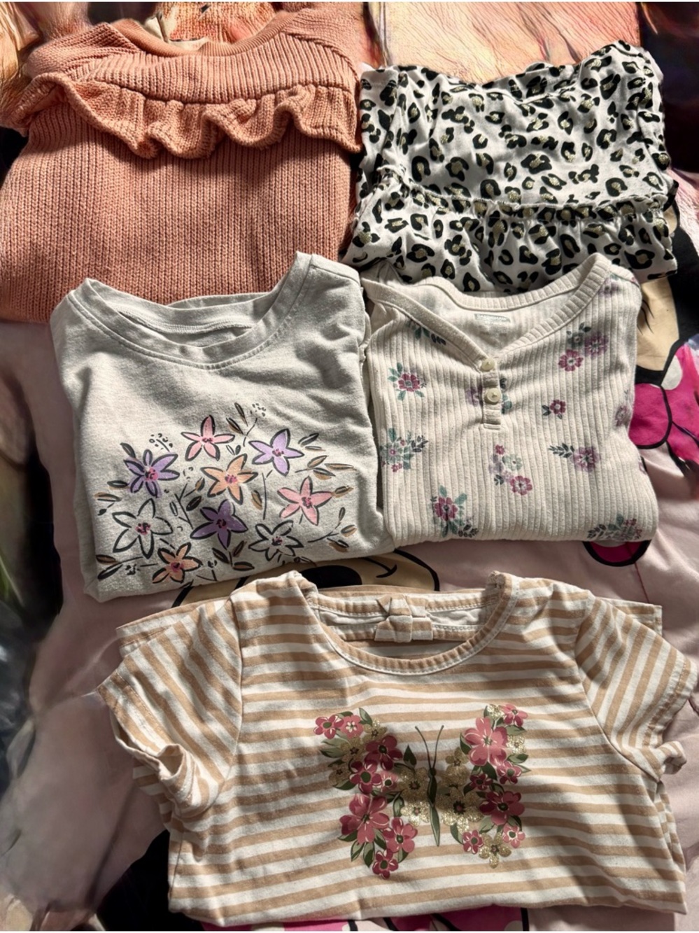 Girls' Striped Butterfly Short Sleeve Tee in Beige and White - Brand Unspecified